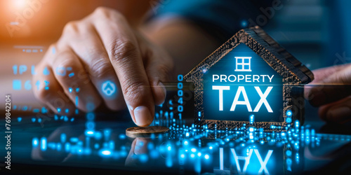 Financial burden of property taxes, symbolized by person holding transparent screen or card with words PROPERTY TAX displayed prominently, emphasizing inescapable reality of obligation for homeowners