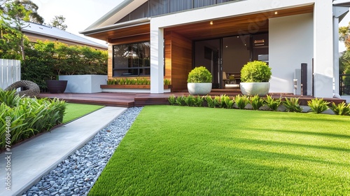 clean surface design for front yard landscaping: contemporary lawn turf with wooden edging and artificial grass boundary decoration