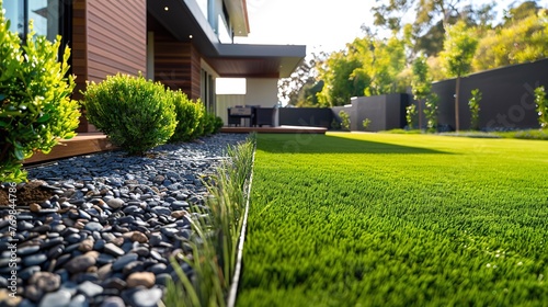 front yard landscaping: contemporary lawn turf with wooden edging and artificial grass clean design and boundary decoration