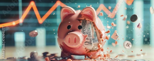 Tight shot on a shattered piggy bank with a financial crisis chart behind, illustrating loss and despair