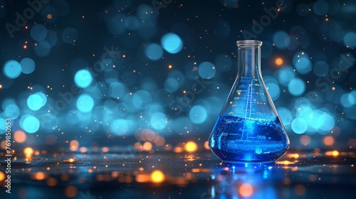3D modern polygonal illustration of chemistry glass lab flask with chemical blue liquid. Science beaker with chemical formula on dark background. Digital laboratory tube. Science and lab concept. 3D