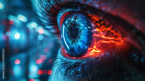 Female eye close up with smart contact lens with digital and bio-metric implants to scanning the ocular retina. Future concept and hi tech technology for computer scans of face identification