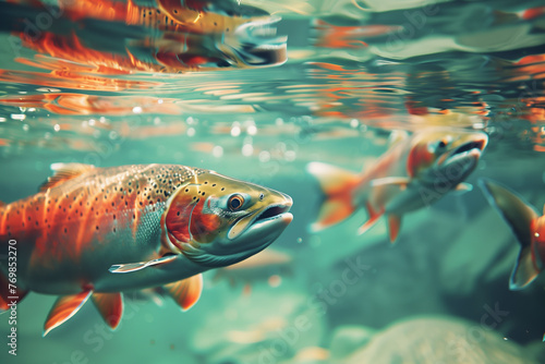 Underwater close up of salmon swimming in a clear water pen at a fish farm. Copy space for text