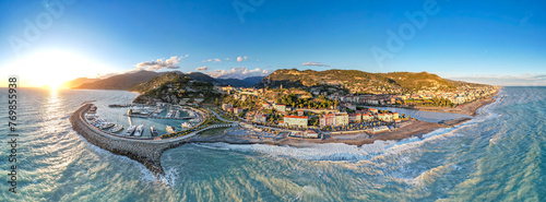 Ventimiglia, Italy - Aerial view of yachts in the Marina at sunset on the Mediterranean Sea