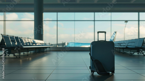 A single black suitcase stands abandoned in a spacious, sunlit airport terminal, hinting at interrupted travel plans amidst empty seats