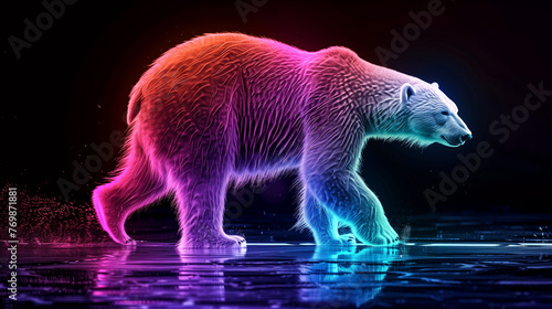 3D rendering of a polar bear on ice with neon lights.
