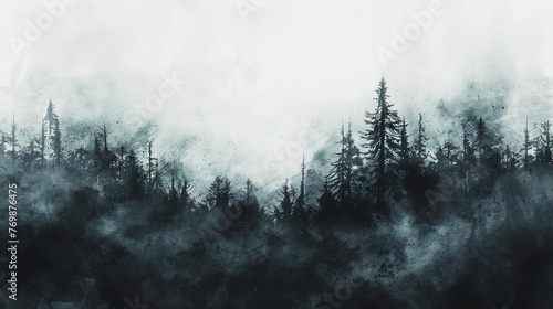 mysterious silhouette of dark foggy forest against stark white sky, surreal landscape painting