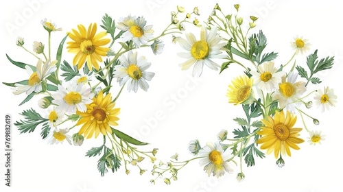 Watercolor wreath of yellow and white meadow flowers, forest daisies and chamomile. Hand-painted botanical illustration, isolated on white background