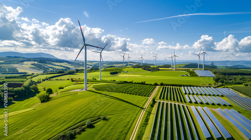 A field of wind turbines and solar panels. The wind turbines are spread out across the field, with some closer to the foreground and others further back