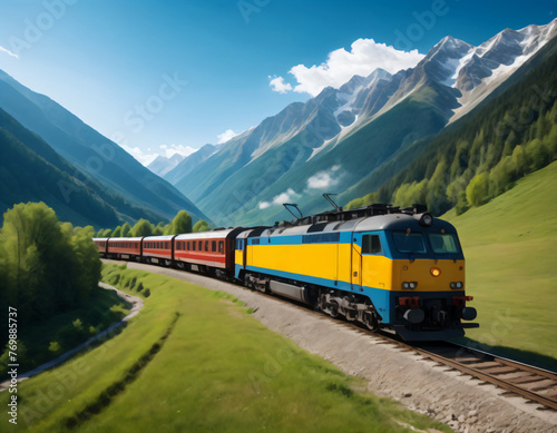 Train moving on the background of high mountains on a bright sunny day.