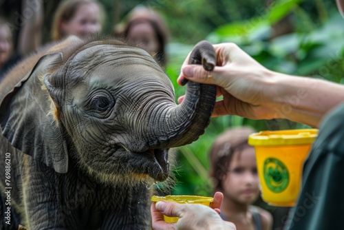 A man, a Greenpeace volunteer, handfeeds an orphaned baby elephant at a wildlife rehabilitation center
