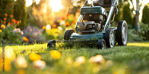 Close-up Shot of a Green Lawn Mower in Action on a Well-Kept Lawn. Concept Gardening Equipment, Landscaping, Lawn Care, Yard Maintenance, Outdoor Activities