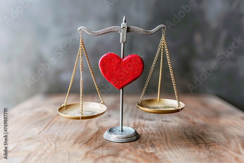 A minimalist design of a balance scale balancing a heart and a dollar sign exploring the balance between wealth and happiness