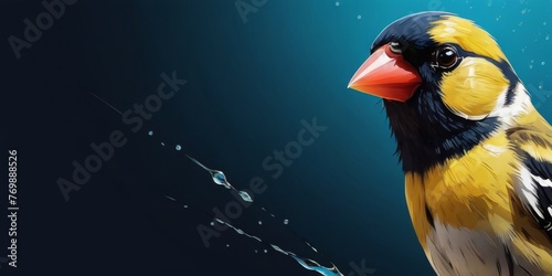  A yellow-and-black bird drips water from its beak onto a dark blue background in a painting