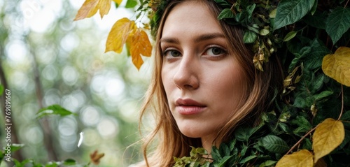  A woman wearing a leaf crown stares sternly into the camera