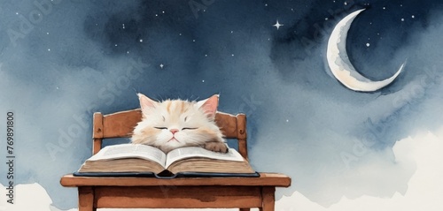  A cat dozes atop an open book atop a wooden chair under a crescent moon