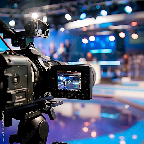 Modern video camera recording an interview in a TV show studio, highlighting the intersection of mass media, television, and technology.