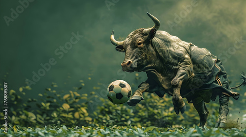 Surreal of a Bull Playing Soccer in a Lush Green Field with Studio Lighting and Low Angle