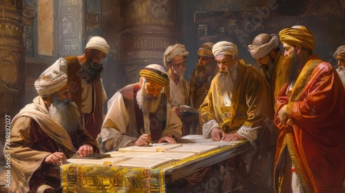 Antique painting of Jewish scribes and rabbis copying sacred Holy Scriptures in ancient Constantinople, historical illustration