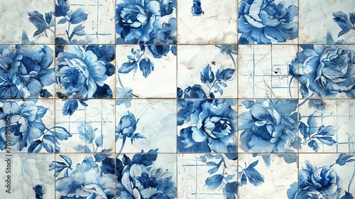 Blue indigo white worn shabby chic vintage floral mosaic tiles background