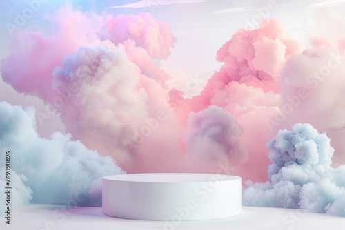 Close up white display podium for luxury product banners in dreamy pastel color clouds