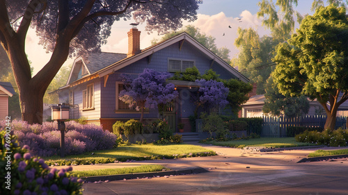 The gentle aura of morning illuminating a lavender Craftsman style house, suburban streets calm and picturesque, a day beginning in quiet beauty