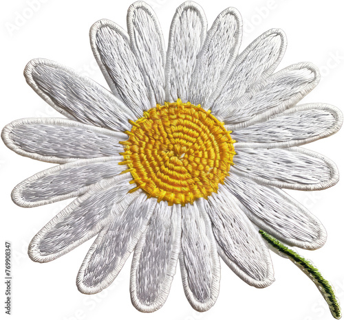 Vibrant daisy flower embroidered patch cut out on transparent background