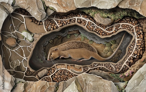 An artistic portrayal of a rodent's burrow in cross-section, highlighting the inner workings and chamber design.
