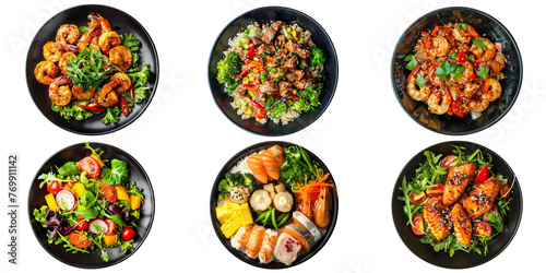 Set of various delicious food in black dishes isolated on transparent background, Top view of various menu served on plates.
