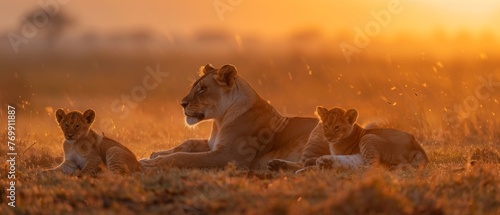 A heartwarming scene unfolds as a lioness cuddles with her young cubs in the soft light of sunrise, amidst the wild beauty of the savanna.