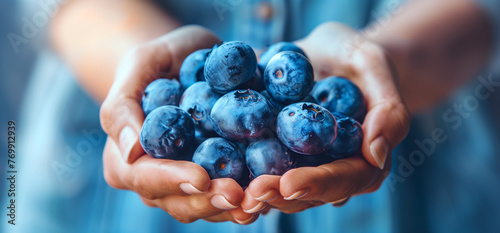 woman hands holding giant blueberries, organic, fresh, healthy, food, berries, blue