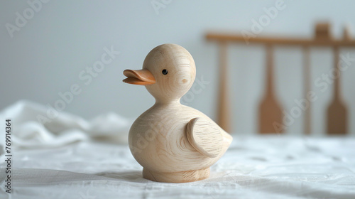A Korean-style wooden toy duck in a charming, handcrafted design. Cute wooden duckling with a unique appearance. Ideal toy for collector or decoration.