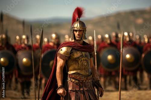 Roman centurion leading a legion of soldiers in a military formation.