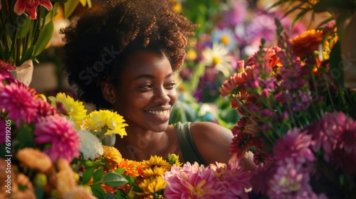 Radiance Amongst Blossoms, joyful florist, surrounded by a vibrant array of flowers, shares an infectious smile, celebrating the natural splendor of blooms