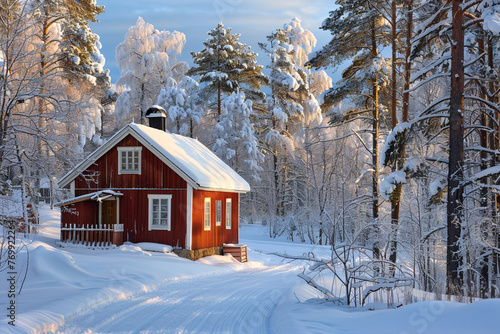 Winter's Tale. Red Finnish cottage in a beautiful snow forest.