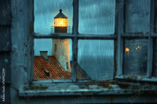 Lighthouse lit on the roof of an old window, it rains outside