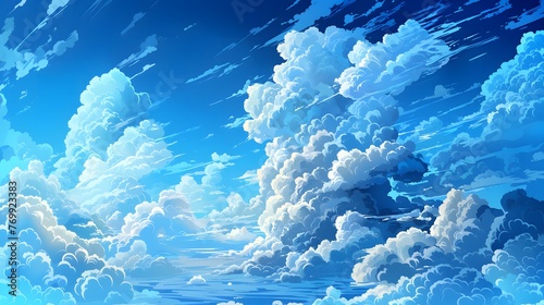 A blue sky with clouds is the main focus of this image. The sky is filled with fluffy white clouds, creating a serene and peaceful atmosphere. The clouds are scattered throughout the sky