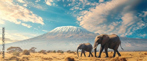 Elephant on the background of Mount Kilimanjaro in the national reserve. AI generated illustration
