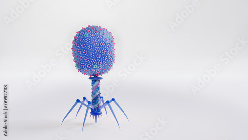 The virus Bacteriophage on white background. In genetic engineering a genetically modified virus can be used for gene therapy or vaccinations. 3d conceptual illustration.