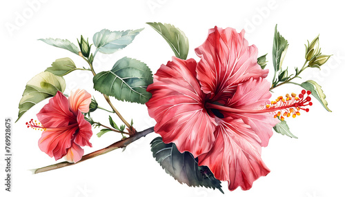 Watercolor hibiscus flower with leaves png