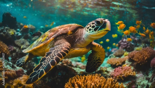 Sea turtle swimming on group of colorful fish and sea animals with colorful coral underwater in ocean, Underwater world in scuba diving scene,