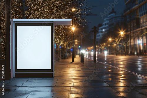 Bus station billboard with blank copy space screen for your advertising text message or promotional content, empty mock up Lightbox for information, stop shelter clear poster in night urban city scene
