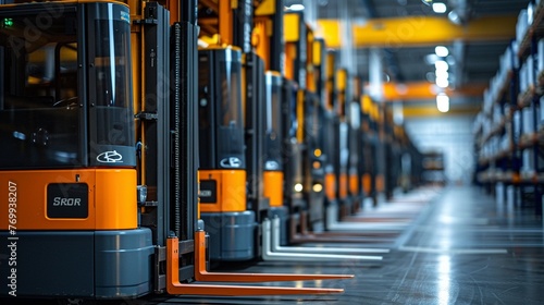 Automated forklifts in action, industrial setting, warm light, efficiency focus