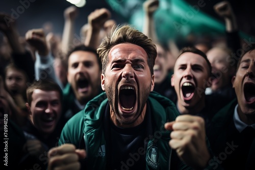 A lively scene of soccer fans gathered on a couch, cheering and celebrating as they watch a thrilling match on tv, fully immersed in the excitement of the world s favorite sport