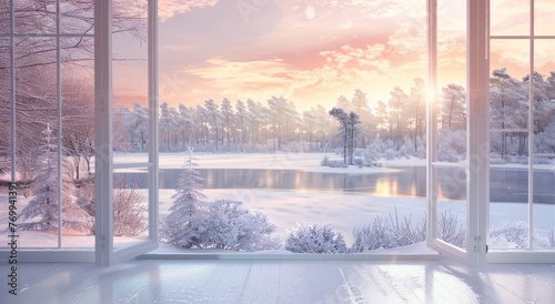A large window with white sliding doors opens to the snowy landscape of winter