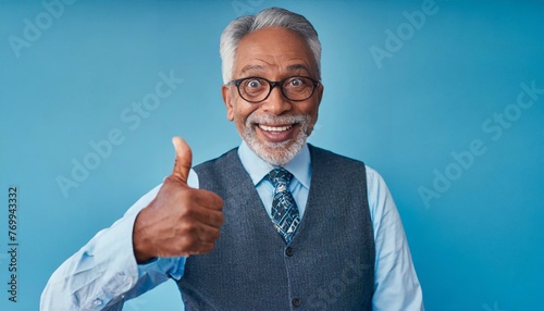  Senior man standing over isolated blue background doing happy thumbs up gesture with hand