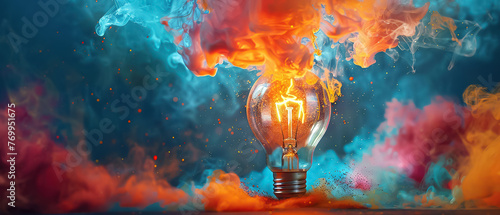 Visualizing a eureka moment: lightbulb surrounded by dynamic paint explosion. Embodies flash of inspiration, colorful path of creative, innovative thought in artistic, intellectual endeavors
