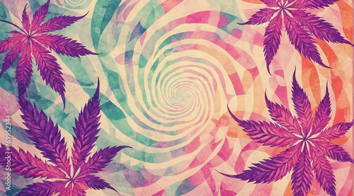 A colourful psychedelic background with vibrant cannabis, hemp leaves - concept for hallucinogenic 420 day celebration