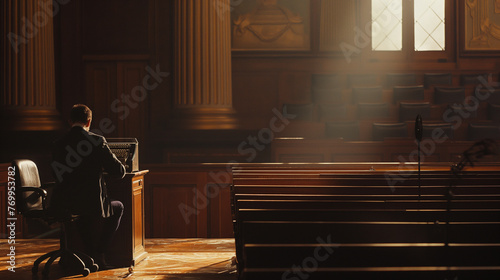 A stenographer preparing their shorthand machine in the quiet solitude of an empty courtroom, ready to capture every word of the day's testimonies