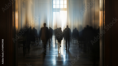 The moment of reflection as jurors enter the deliberation room, the path they walk lit by the diffuse natural light, symbolizing the transition from passive listening to active decision-making